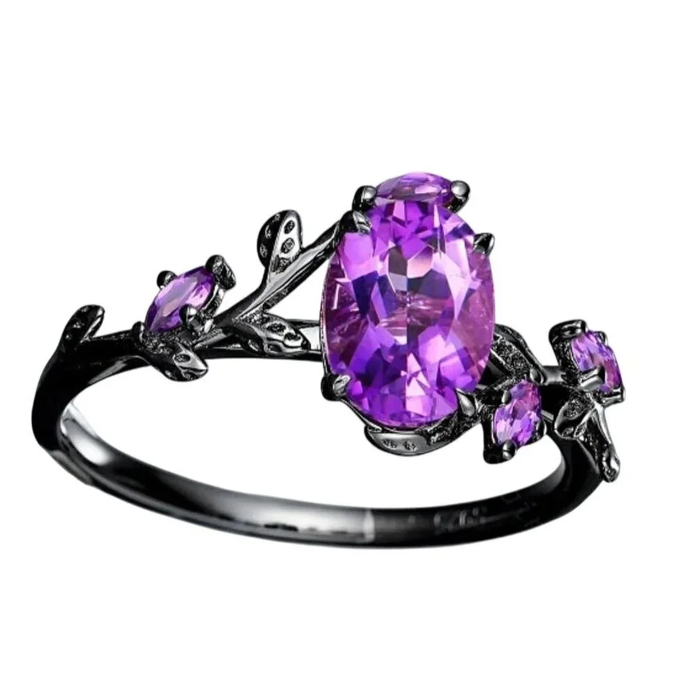 Oval Shape Amethyst Black Engagement Wedding Ring Set In Rhodium black plating